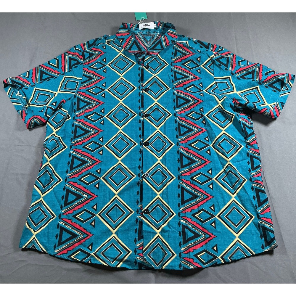 Vatpave Mens XL Teal Geometric Tribal Print Short Sleeve Button Down Shirt NWT